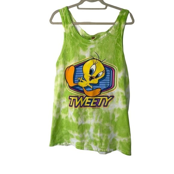 Looney Tunes Womens Swim Coverup Tank Top Vintage 90s Tweety Bird Tie Dye Green - Picture 1 of 9